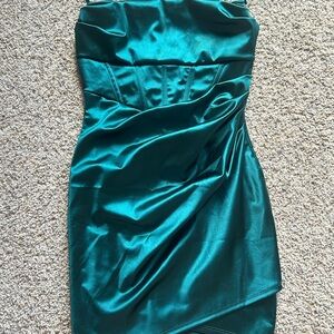 Lovely Day Strapless Satin Dress in Teal